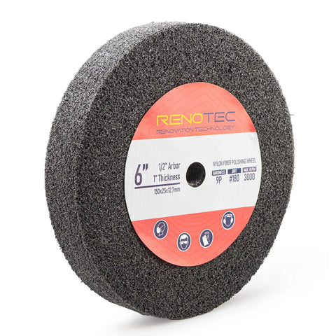 6 Inch Nylon Fiber Buffing Wheels Pack Of 3 With 180 Grit Deburring And Polishing Discs, featuring half inch arbor and one inch thickness.