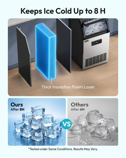 Straight Up Solid Commercial Ice Maker Makes 120 Lbs Daily Under Counter Design With A 33 Lb Storage Bin And Easy Water Filter Setup For House Parties That Gonna Run Super Chill with insulation comparison showing ice retention after 8 hours.