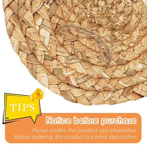 Close-up of Nine Piece Boho Wall Basket Set Made From Seagrass And Rattan Round Handmade Hanging Baskets texture detail