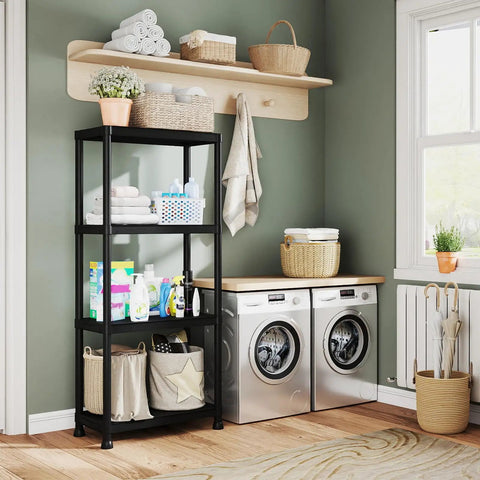 Rock Solid Plastic Storage Shelves 4 Tier Heavy Duty Shelving Unit With 264 LB Capacity, organizing laundry area with towels and supplies.