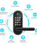Fingerprint Smart Door Lock With Handle And Keypad Bluetooth Keyless Entry for Front Door, showing features like app access and unlock options.
