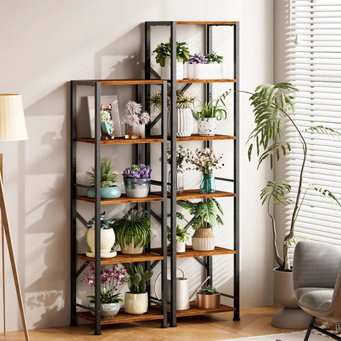 Dope Industrial Style 6 Tier Tall Bookshelf For Tight Spaces, Narrow Display Shelf Unit In Metal And Wood, Rustic Brown Finish
