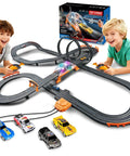 Children playing with Epic Slot Car Racing Track Kit With 4 Cars Electric Or Battery Powered Dual Race Flash Bridge And Pendulum Overpass