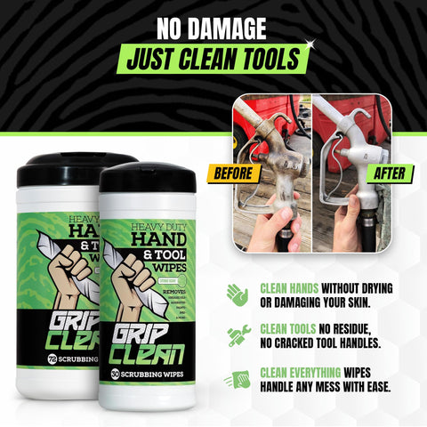 Heavy Duty Hand And Tool Cleaning Wipes Waterless Hand Cleaner For Mechanics Garage And Shop Use Dual Sided Grease Oil And Paint Remover Wipes With Citrus Scent 30 Count No Sink Needed For Quick Cleanups After Messy Jobs displayed with clean tools and hands before and after use.