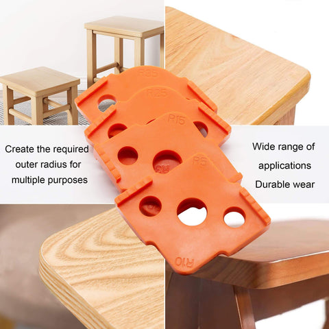 Corner Radius Router Templates Set With Eight Radius Options R5 R10 R15 R20 R25 R30 R35 R40 For Pro Grade Precise Woodworking ABSCNC High Hardness Glue Construction Routed Rounded Corners Templates Four Pack Set showing orange templates on wood surfaces for rounded corners.