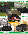 Heavy Duty Kids Ride On Car Cover For Universal Toy Cars And Electric Vehicles Waterproof UV Resistant Windproof shown in various weather conditions, covering ride-on car. Image shows waterproof, anti-UV, windproof, snowproof, and dustproof features.