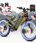 Tank Built 5600W Dual Motor Electric Mountain Bike For Adults With 60V 80Ah Battery Cruising 240 Miles At 50 Mph Featuring chunky fat tires and full air suspension, green.