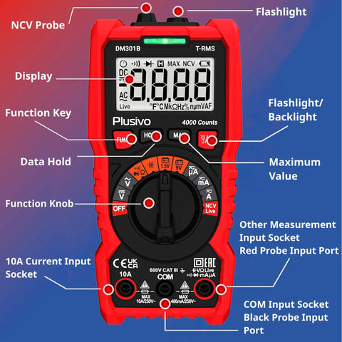 Digital Multimeter 4000 Counts TRMS Auto Ranging AC DC Voltmeter Ohm Amp Tester with NCV Live Test, labeled features.