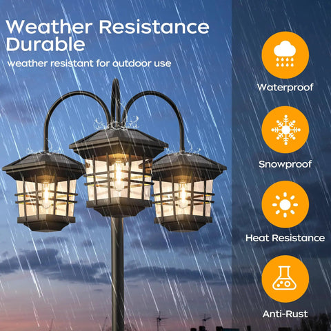 76 Inch Black Solar Lamp Post Light With Three Heads, Waterproof Outdoor Street Lamp For Backyard Garden Driveway And Lawn