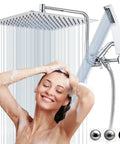 All Metal Shower Head With Handheld Combo High Pressure 10 Inch Rainfall Shower Head Chrome Finish spraying water over woman