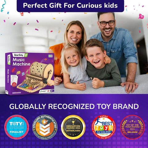 DIY Music Machine Kit For Kids Ages 8 To 14 A Fun Kid Approved Hands On Build It Yourself Musical Toy That Plays Melodies Includes Step By Step Guide Easy To Assemble And Great For Boys And Girls For Hours Of Creative Play. wooden music machine kit box with family and award badges