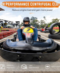 Person driving go-kart with Go Kart Clutch Ten Tooth Centrifugal Clutch Three Quarter Inch Bore For 40 41 420 Chain Fits 2 To 6.5 HP Small Engines