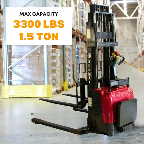 Industrial Grade Electric Straddle Stacker Rated For 3300 Lb Capacity With 157 Inch Lift in a warehouse setting.