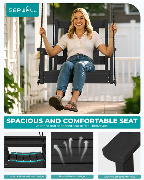 Woman sitting on HDPE Single Porch Swing For Outdoors Heavy Duty One Person Adirondack Chair With Durable Polypropylene Ropes.