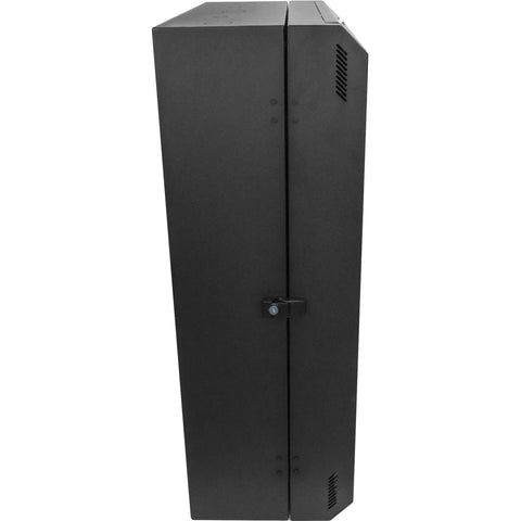 Side view of 6U Wall Mount Network Cabinet With Vertical Patch Panel Rack, 30-Inch Depth Server Room Enclosure, black metal design.