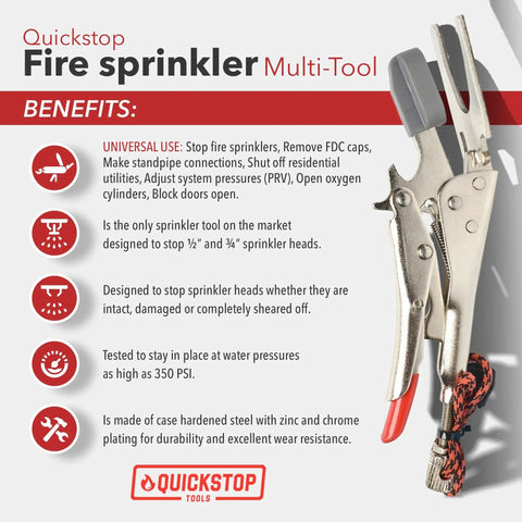 The Top Shelf Game Changer Fire Sprinkler Shutoff Multi Tool Stops Accidental Water Damage And Yanks FDC Caps Quick For Upright Pendant Sidewall And Recessed Heads In Buildings, multi-tool made of case hardened steel.