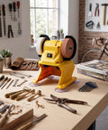 Go Anywhere Cordless Mini Bench Grinder Powerhouse with dual 70mm wheels on a workbench for tool sharpening and polishing.