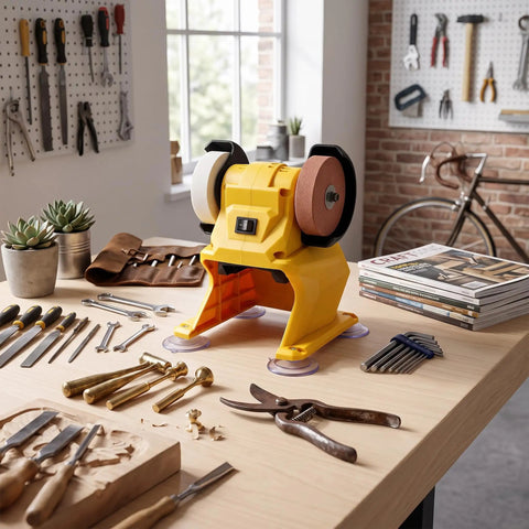 Go Anywhere Cordless Mini Bench Grinder Powerhouse with dual 70mm wheels on a workbench for tool sharpening and polishing.