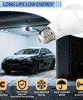 Bright 4000K White LED Garage Door Opener Bulbs Two Pack, E26 Base, 9W Each, displayed with car in garage