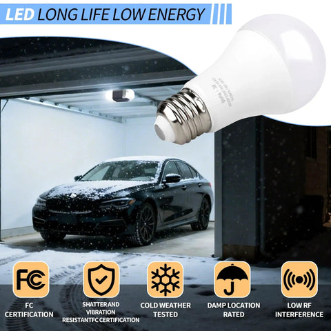 Bright 4000K White LED Garage Door Opener Bulbs Two Pack, E26 Base, 9W Each, displayed with car in garage