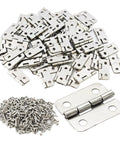 80 Pack Mini Hinges With 320 Screws, Small Iron Folding Butt Hardware For Wood Boxes, hinges and screws displayed together.