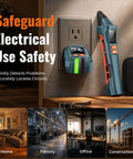 Plug And Play Circuit Breaker Finder With GFCI Outlet Tester and Manual Trip Remote in use at an outlet, showcasing safety features and usage.