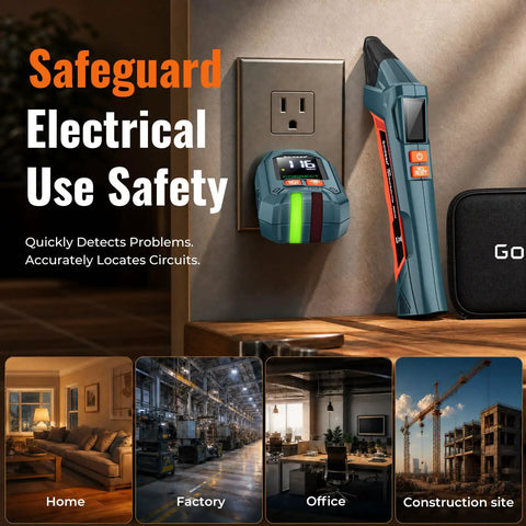 Plug And Play Circuit Breaker Finder With GFCI Outlet Tester and Manual Trip Remote in use at an outlet, showcasing safety features and usage.