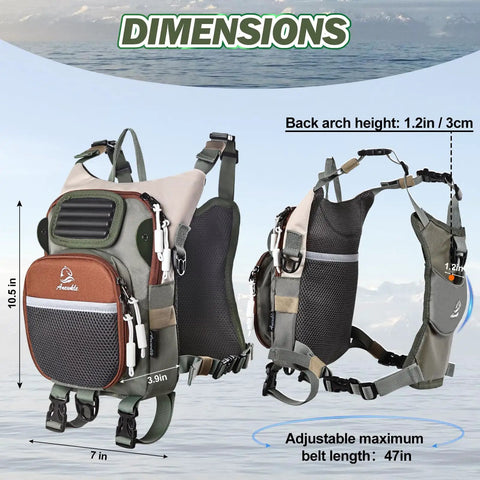 Lightweight Fly Fishing Chest Pack Waterproof Tackle Bag With Multiple Compartments For Wade Fishing, dimensions labeled, side view