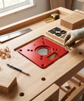 Heavy Duty Aluminum Router Table Insert Plate Slides Right Into Your Bench with a hand securing it, featuring 12 x 12 x 0.375 inch size.