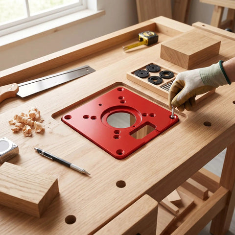 Heavy Duty Aluminum Router Table Insert Plate Slides Right Into Your Bench with a hand securing it, featuring 12 x 12 x 0.375 inch size.