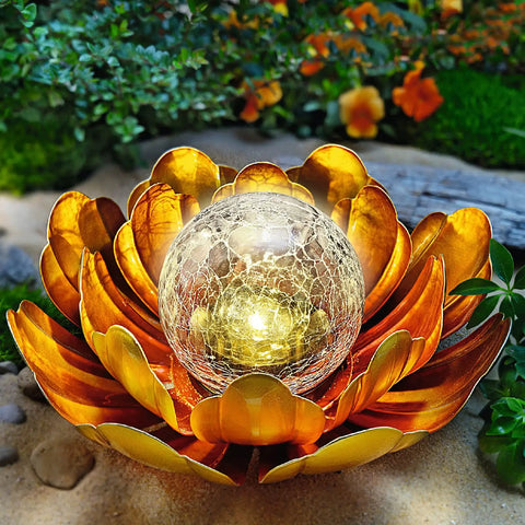 Solar Lotus Flower Light Outdoor Decor For Garden Backyard Waterproof Metal Yard Ornament with glowing glass globe