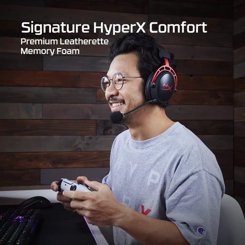 Person gaming with Cloud Alpha Wireless Gaming Headset For PC With 300 Hour Battery Life And DTS Headphone X Spatial Audio