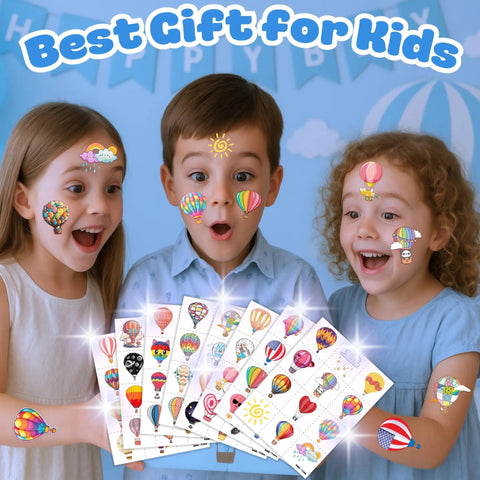 Three kids with Hot Air Balloon Themed Temporary Tattoos Set For Kids 96 Pcs Pre Cut Stickers, Kid Approved Birthday Party Supplies For Boys