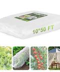 Garden Netting 10x50 Ft Ultra Fine Mesh Pest Barrier with packaging and examples on veggies, tomatoes, and greenhouse.