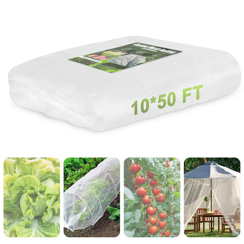 Garden Netting 10x50 Ft Ultra Fine Mesh Pest Barrier with packaging and examples on veggies, tomatoes, and greenhouse.