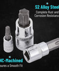 Three-piece Torx Bit Socket Set T8 Through T60 shown in S2 alloy steel with rust resistance and smooth fit finish