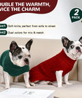 Cozy As Heck 2 Pack Dog Sweaters For Medium Breeds, Size L, Red And Green, Pawfect Winter Pullovers For Frenchies Corgis Dachshunds, Super Comfy Everyday Gear on two French Bulldogs.
