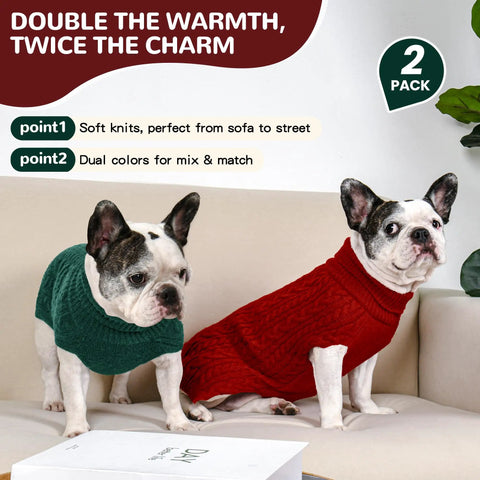 Cozy As Heck 2 Pack Dog Sweaters For Medium Breeds, Size L, Red And Green, Pawfect Winter Pullovers For Frenchies Corgis Dachshunds, Super Comfy Everyday Gear on two French Bulldogs.