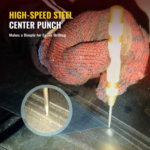Titanium Coated Step Drill Bit Set with Automatic Center Punch for Sheet Metal used on surface by glove-wearing hand