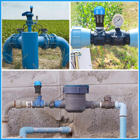 Front view of a 3/4-inch air release valve for irrigation drip systems, blue PVC body.