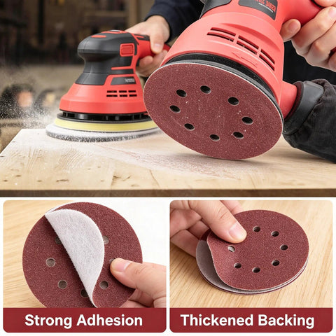 Solid 100 Pcs 5 Inch Sanding Discs With Hook And Loop Backing For Random Orbital Sanders, close-up view of sanding disc on sander.