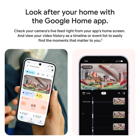 Person using Google Home app with Nest Cam Indoor Wired 3rd Gen Security Camera 2025 Model for video feeds and alerts.