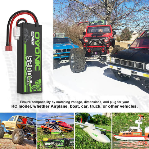 2S 5200mAh 7.4V LiPo Battery Pack With Dean Style T Connector for RC cars, trucks, boats, with varied vehicle images displayed