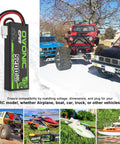 2S 5200mAh 7.4V LiPo Battery With Dean Style T Connector displayed with RC cars, boat, helicopter, and truck models, hard case.