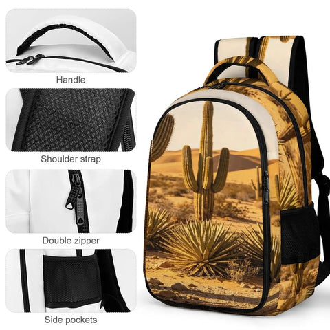 Warm Sand Dune Desert Flora Printed Unisex Backpack with large capacity, durable polyester, showing handle and zippers.