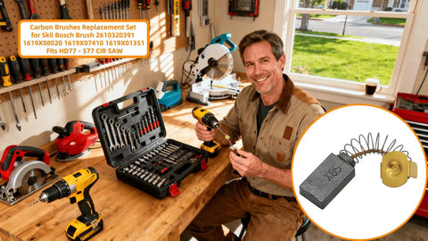 Top Notch Heavy Duty Carbon Brush Replacement Set For Skil Bosch And Ryobi Saws Knockout Durability Easy No Sweat Swap Built Tough For Woodworking Jobs Ahead. Man holding carbon brush in workshop.