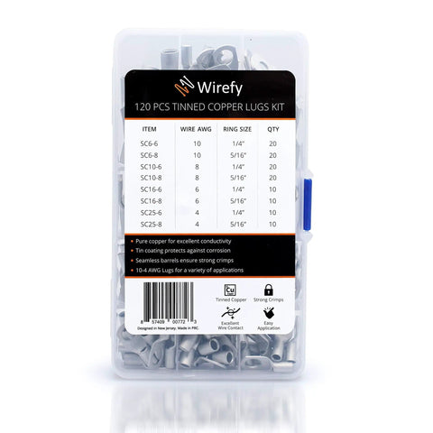 120 Piece Tinned Copper Wire Lug Kit With Heavy Duty Battery Lugs And Ring Terminals For Crimp Or Solder Ends 10 To 4 Gauge Tin Coated Copper For Corrosion Resistance And Reliable Electrical Connections in clear plastic case.