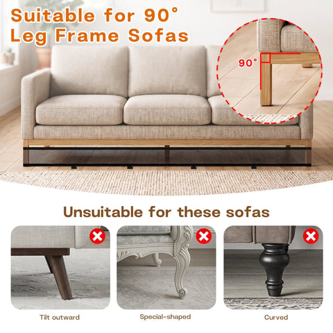 Adjustable Under Couch Blocker For Pets Smooth Sliding Barrier To Catch Rolling Toys Remotes Keeps Floors Clutter Free Breathable Fabric Design shown under 90° leg frame sofa.