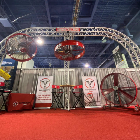 Heavy Duty Industrial Drum Fan Built Different For Maximum Airflow With 1.5 Horsepower Motor And 59 Inch Shrouded Blades at exhibition display.