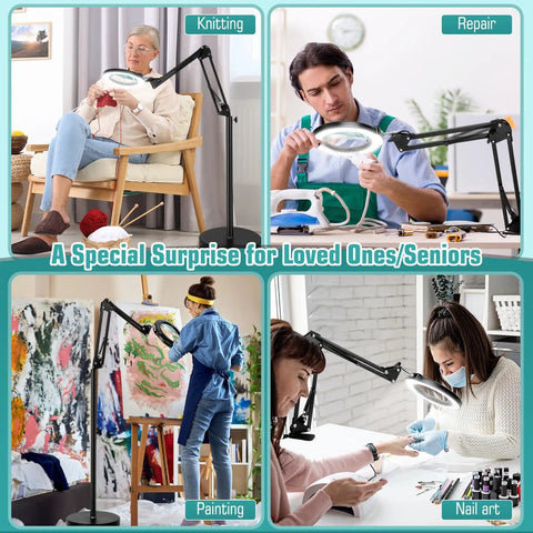 People using 10X Real Glass Magnifying Glass With Light And Stand, 4.3 Inch Lens for knitting, repair, painting, and nail art.